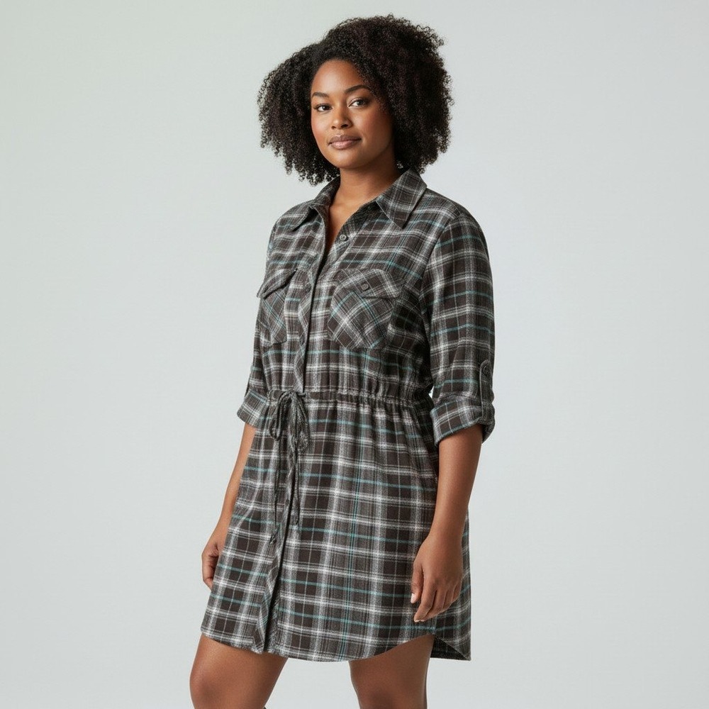 Fire Los‎ Angeles Button Down Plaid Shirt Dress Drawstring Tunic  XXL